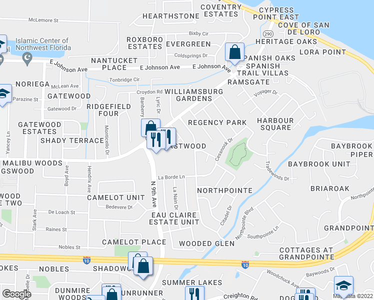 map of restaurants, bars, coffee shops, grocery stores, and more near 8000 Eastwood Lane in Pensacola