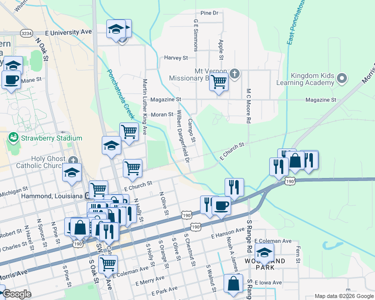 map of restaurants, bars, coffee shops, grocery stores, and more near 503 Campo Street in Hammond