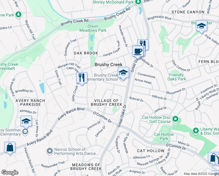 map of restaurants, bars, coffee shops, grocery stores, and more near 16829 Village Oak Loop in Austin