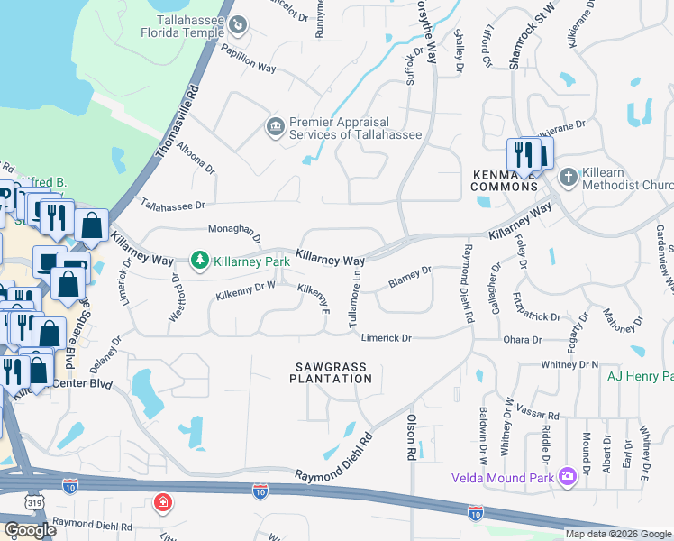 map of restaurants, bars, coffee shops, grocery stores, and more near 2348 Kilkenny Drive in Tallahassee