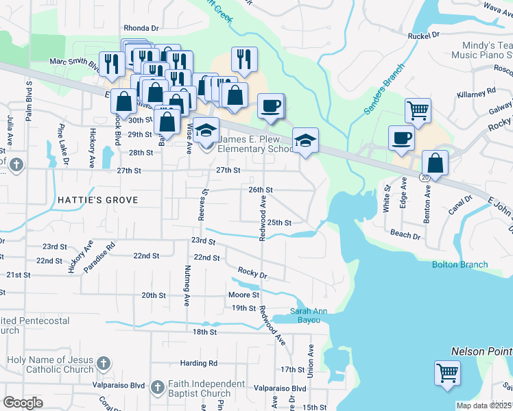 map of restaurants, bars, coffee shops, grocery stores, and more near 1621 25th Street in Niceville