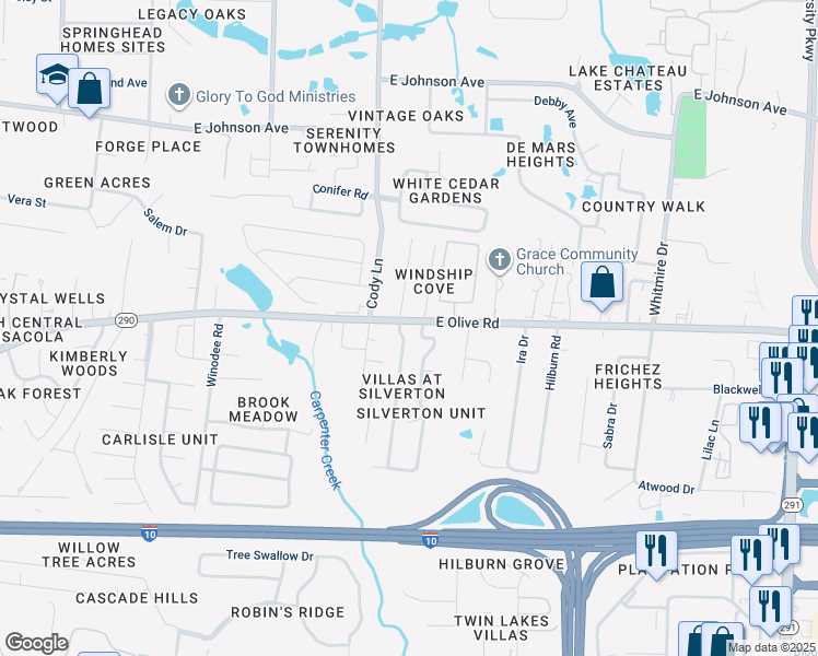 map of restaurants, bars, coffee shops, grocery stores, and more near 8090 Stonebrook Drive in Pensacola