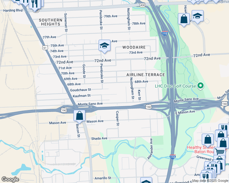 map of restaurants, bars, coffee shops, grocery stores, and more near 2387 Scenic Gardens Avenue in Baton Rouge