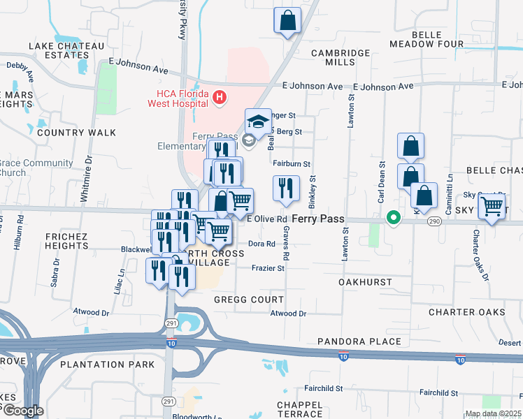 map of restaurants, bars, coffee shops, grocery stores, and more near 2209-2227 E Olive Rd in Pensacola