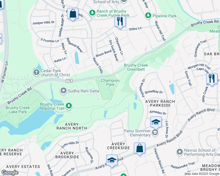 map of restaurants, bars, coffee shops, grocery stores, and more near 3830 Brushy Creek Road in Cedar Park
