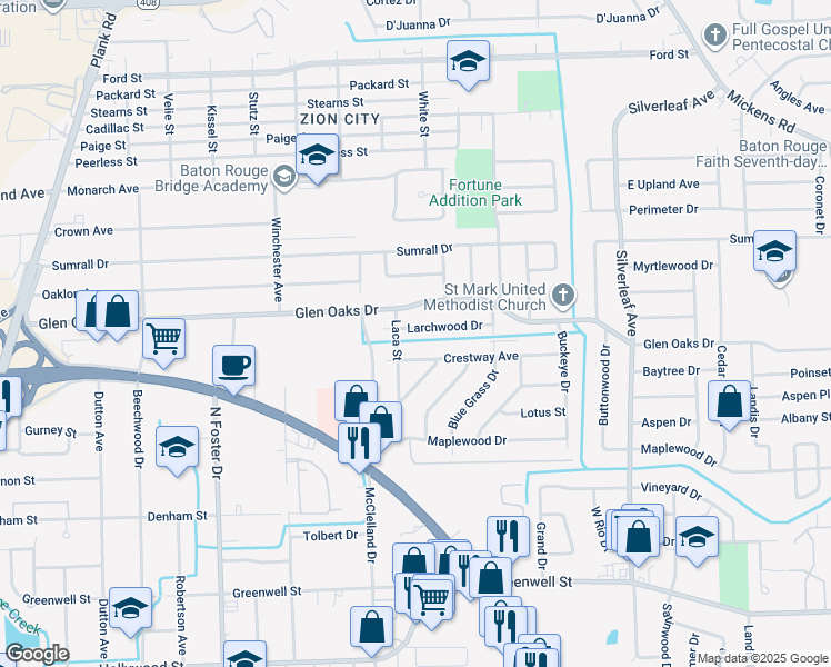 map of restaurants, bars, coffee shops, grocery stores, and more near 5734 Larchwood Drive in Baton Rouge