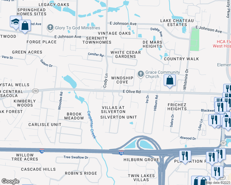 map of restaurants, bars, coffee shops, grocery stores, and more near 8094 Stonebrook Drive in Pensacola