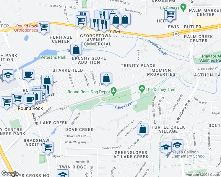 map of restaurants, bars, coffee shops, grocery stores, and more near 1201 East Main Street in Round Rock