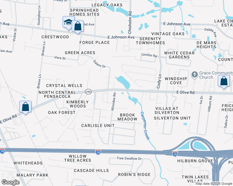 map of restaurants, bars, coffee shops, grocery stores, and more near 671 East Olive Road in Pensacola