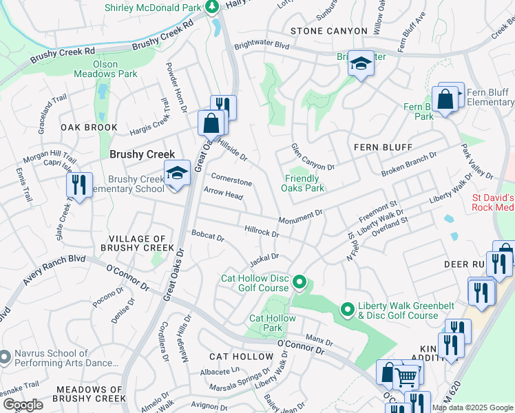 map of restaurants, bars, coffee shops, grocery stores, and more near 3507 Cornerstone in Round Rock