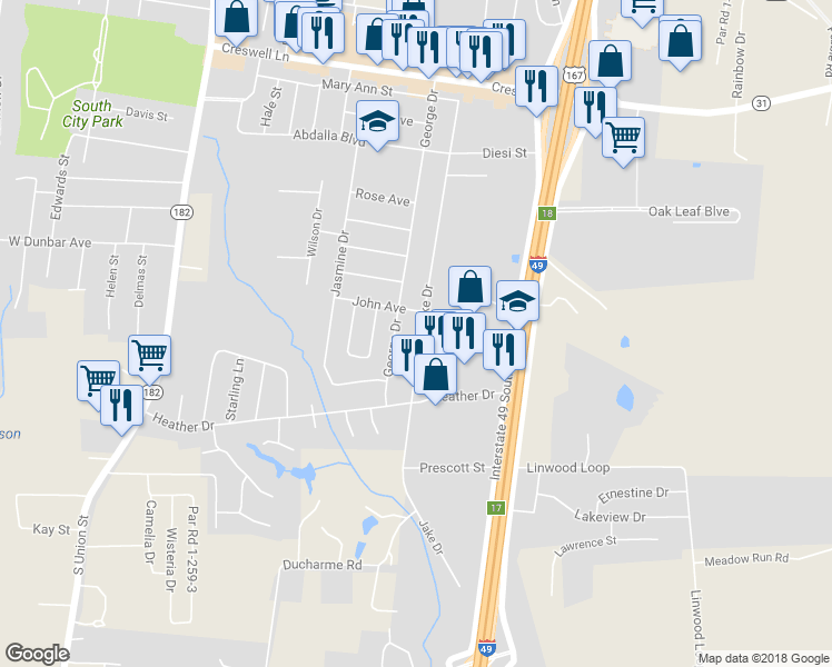 map of restaurants, bars, coffee shops, grocery stores, and more near 2124 Jake Drive in Opelousas