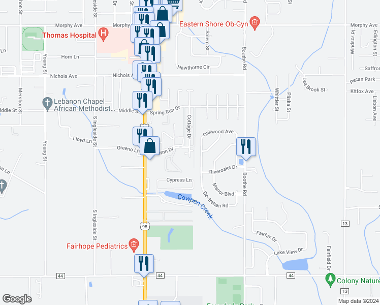 map of restaurants, bars, coffee shops, grocery stores, and more near 200 Autumn Drive in Fairhope