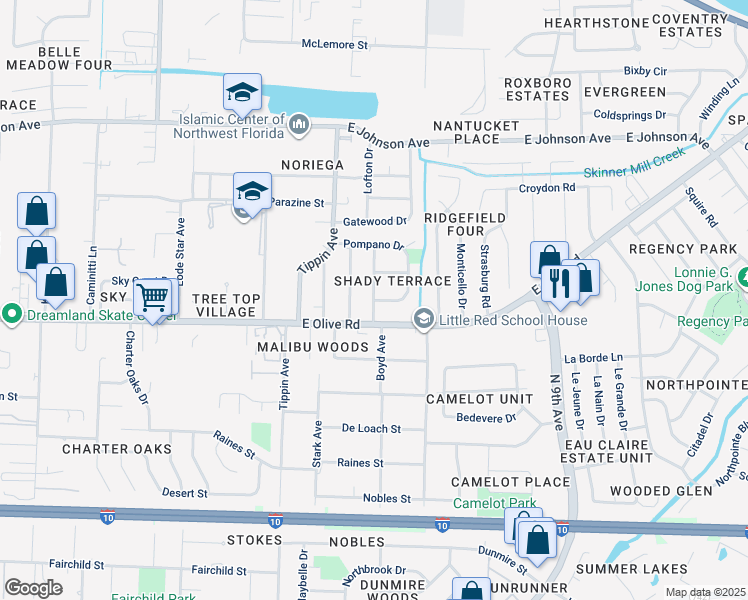 map of restaurants, bars, coffee shops, grocery stores, and more near 6841 Pompano Drive in Pensacola