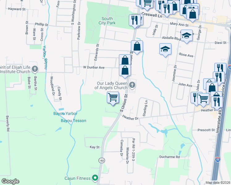 map of restaurants, bars, coffee shops, grocery stores, and more near 2144 Delmas Street in Opelousas
