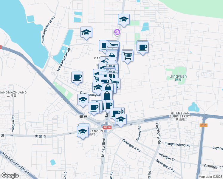 map of restaurants, bars, coffee shops, grocery stores, and more near 6 Lumo Road in Wuhan Shi