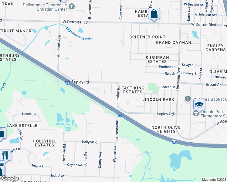map of restaurants, bars, coffee shops, grocery stores, and more near 7812 Calahan Place in Pensacola