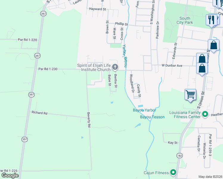 map of restaurants, bars, coffee shops, grocery stores, and more near 2161 Babe Street in Opelousas