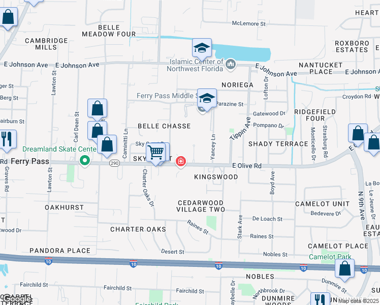 map of restaurants, bars, coffee shops, grocery stores, and more near 8129 Treetop Lane in Pensacola