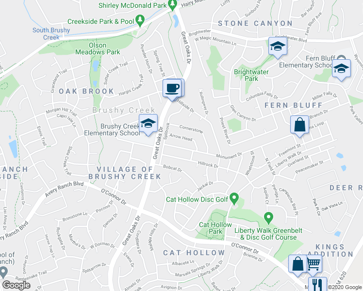 map of restaurants, bars, coffee shops, grocery stores, and more near 3610 Monument Drive in Round Rock