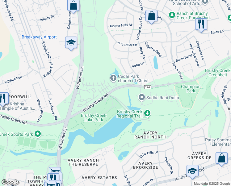 map of restaurants, bars, coffee shops, grocery stores, and more near 3600 Brushy Creek Road in Cedar Park