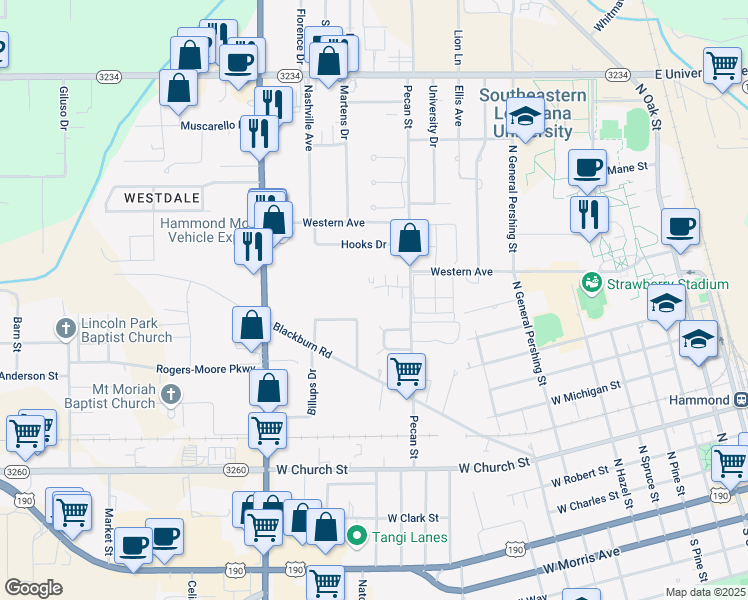 map of restaurants, bars, coffee shops, grocery stores, and more near Chateau Village in Hammond