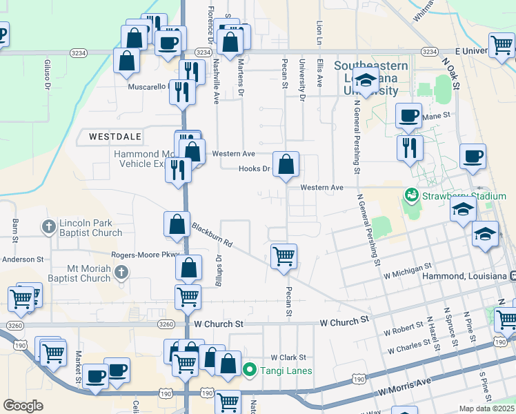 map of restaurants, bars, coffee shops, grocery stores, and more near Chateau Village in Hammond