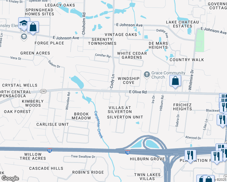map of restaurants, bars, coffee shops, grocery stores, and more near 962 East Olive Road in Pensacola
