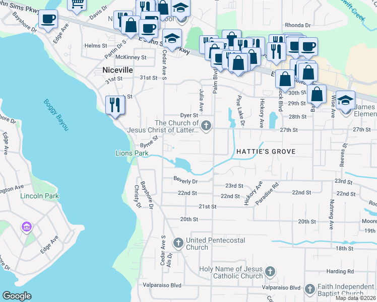 map of restaurants, bars, coffee shops, grocery stores, and more near 1098 Courington Court in Niceville
