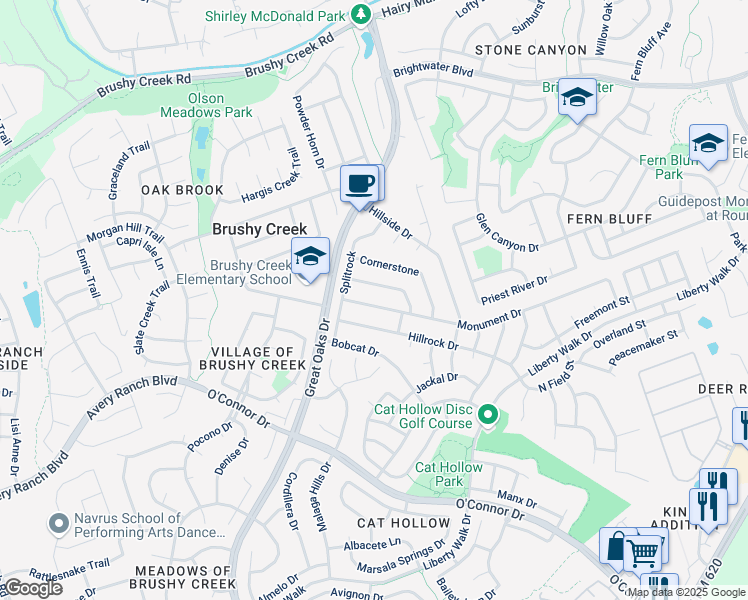 map of restaurants, bars, coffee shops, grocery stores, and more near 423 Arrow Head in Round Rock