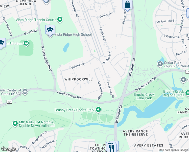 map of restaurants, bars, coffee shops, grocery stores, and more near 805 Wilson Ranch Place in Cedar Park