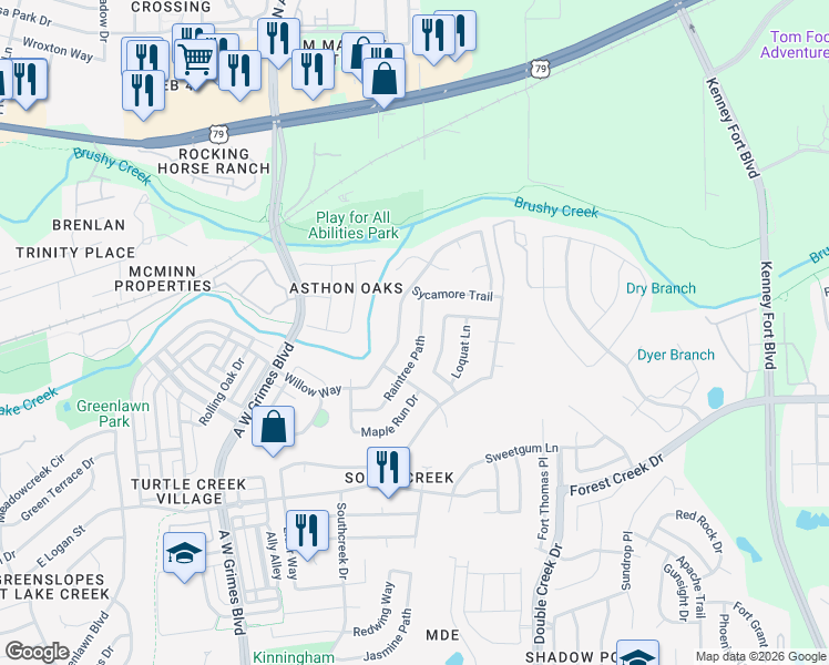 map of restaurants, bars, coffee shops, grocery stores, and more near 2404 Raintree Path in Round Rock