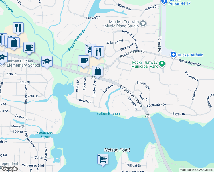 map of restaurants, bars, coffee shops, grocery stores, and more near 2309 Canal Drive in Niceville