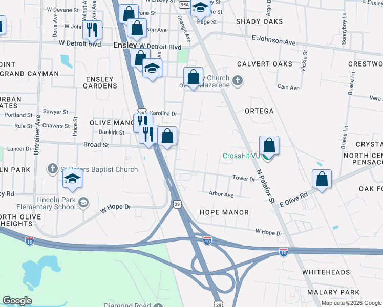 map of restaurants, bars, coffee shops, grocery stores, and more near 8091 Pinus Lane in Pensacola