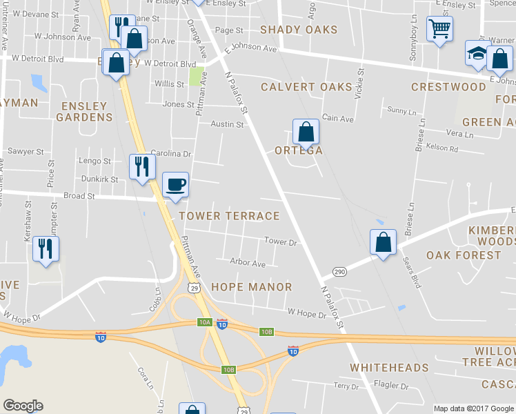 map of restaurants, bars, coffee shops, grocery stores, and more near 8023 Beaver Circle in Pensacola