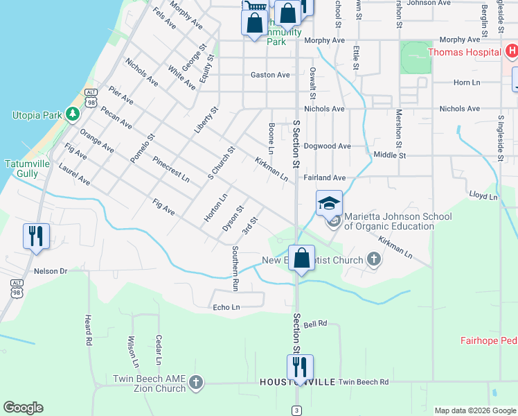map of restaurants, bars, coffee shops, grocery stores, and more near 504 Dyson Street in Fairhope