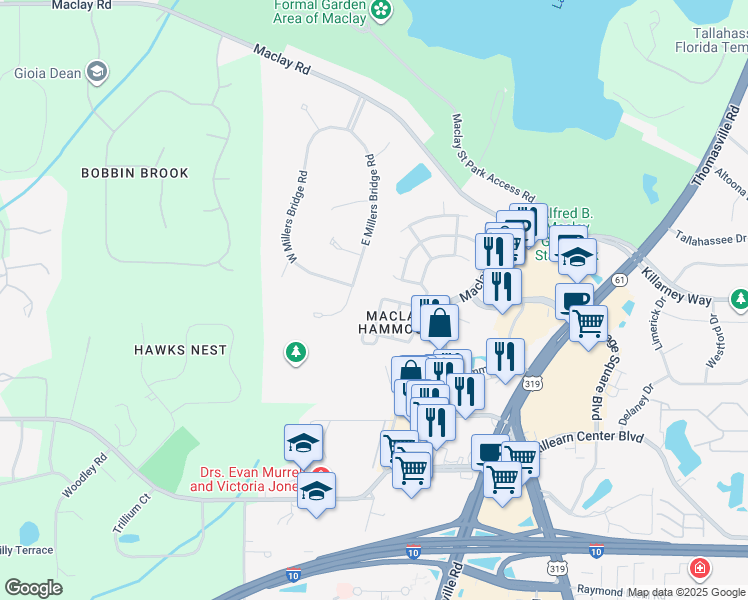 map of restaurants, bars, coffee shops, grocery stores, and more near 3815 West Millers Bridge Road in Tallahassee