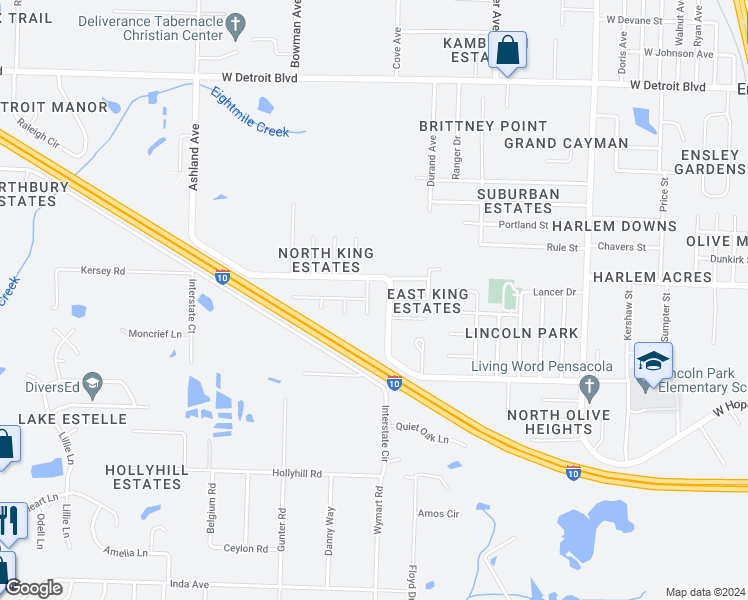 map of restaurants, bars, coffee shops, grocery stores, and more near 7812 Calahan Place in Pensacola