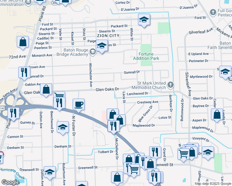 map of restaurants, bars, coffee shops, grocery stores, and more near 5620 Glen Oaks Drive in Baton Rouge