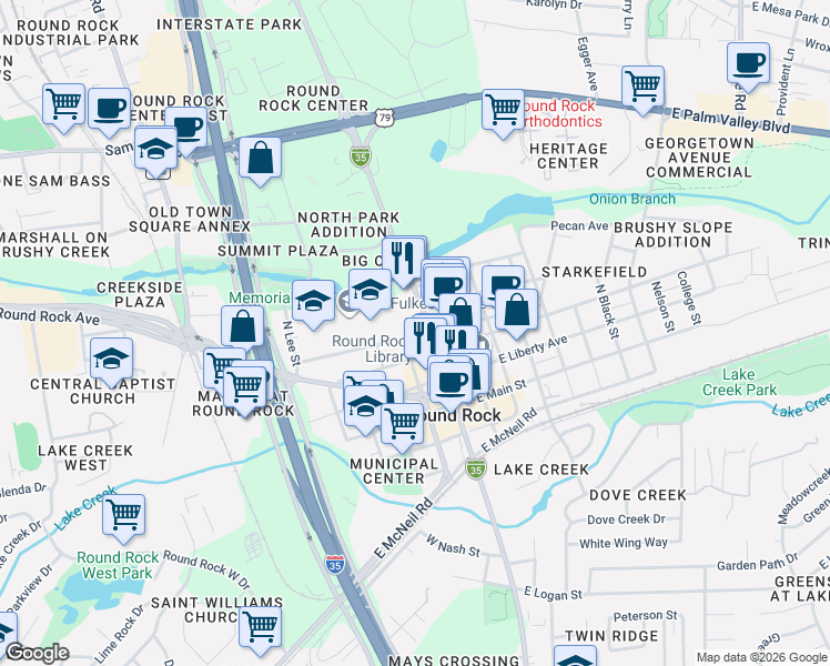 map of restaurants, bars, coffee shops, grocery stores, and more near 408 North Mays Street in Round Rock