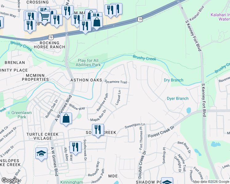 map of restaurants, bars, coffee shops, grocery stores, and more near 2407 Wisteria Way in Round Rock