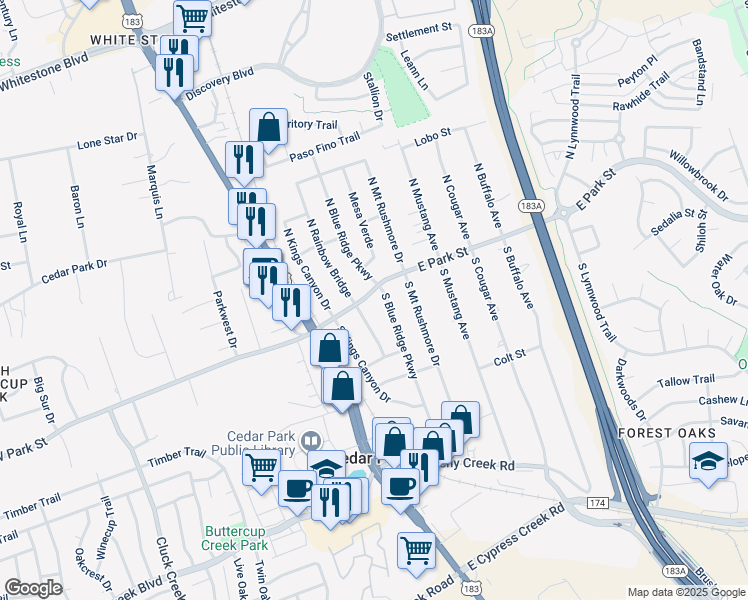 map of restaurants, bars, coffee shops, grocery stores, and more near 212 East Park Street in Cedar Park