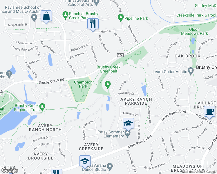 map of restaurants, bars, coffee shops, grocery stores, and more near 16528 Along Creek Cove in Austin