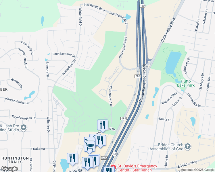 map of restaurants, bars, coffee shops, grocery stores, and more near Klattenhoff Lane in Hutto