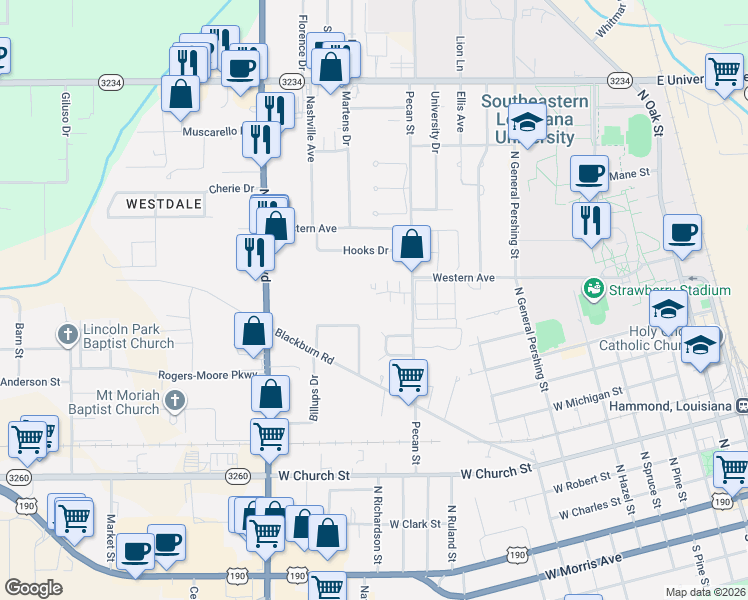 map of restaurants, bars, coffee shops, grocery stores, and more near Chateau Village in Hammond