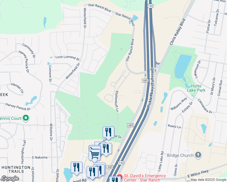 map of restaurants, bars, coffee shops, grocery stores, and more near Klattenhoff Lane in Hutto