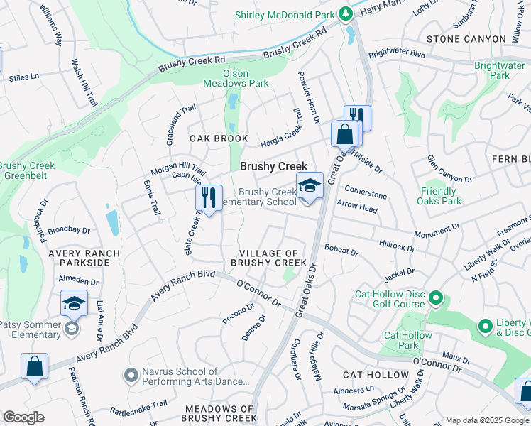 map of restaurants, bars, coffee shops, grocery stores, and more near 405 Stonebridge Drive in Round Rock