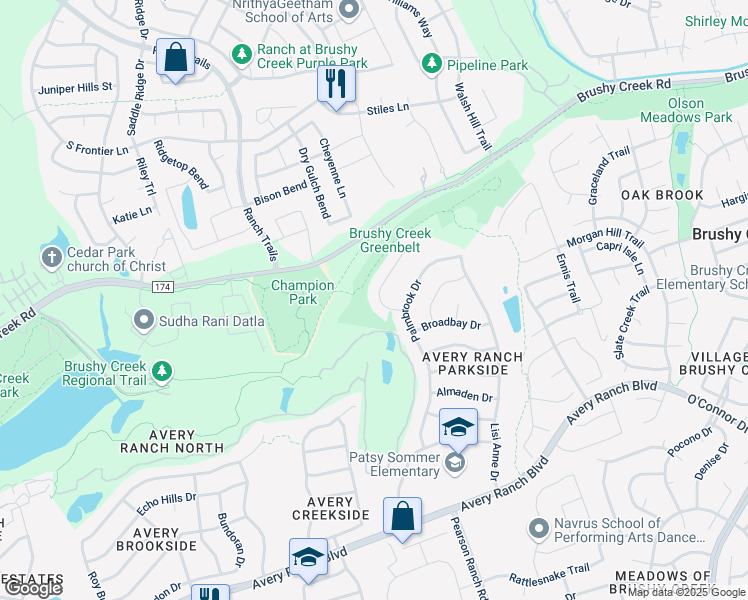 map of restaurants, bars, coffee shops, grocery stores, and more near 16504 Along Creek Cove in Austin
