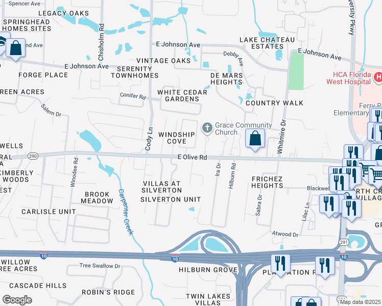 map of restaurants, bars, coffee shops, grocery stores, and more near 1100 East Olive Road in Pensacola