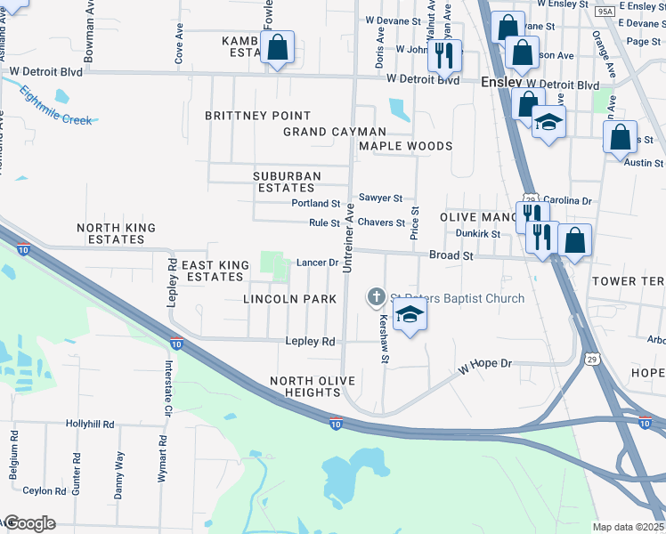 map of restaurants, bars, coffee shops, grocery stores, and more near 1202 Lancer Drive in Pensacola