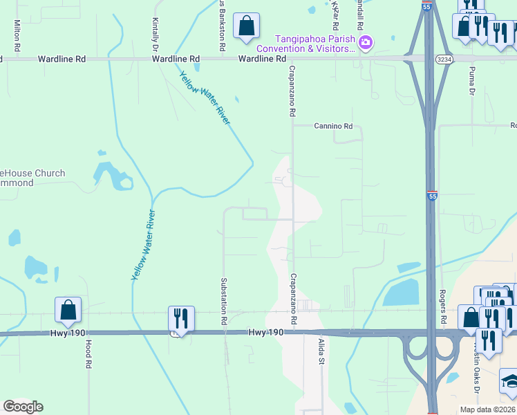 map of restaurants, bars, coffee shops, grocery stores, and more near 19 Audre Lane in Hammond